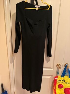 H&M Black Long-Sleeve Ribbed Midi Dress with Square Neckline